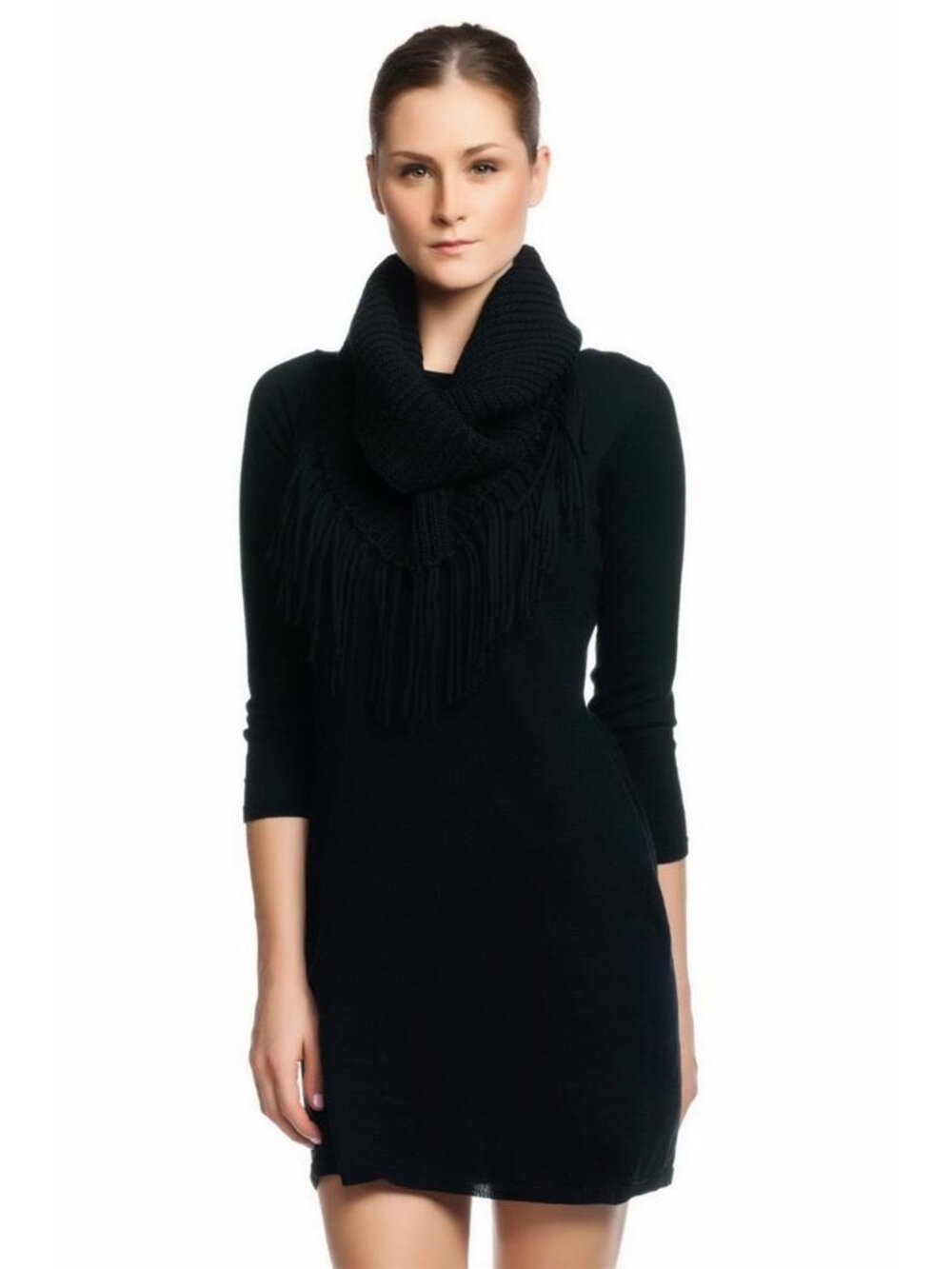 Acrobat Crochet Knit Mini Dress Black Detachable Fringe Cowl NWT
